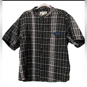 Handmade Guatemala Button Up Woven Shirt Men’s XL Cotton Band Collar Black Check